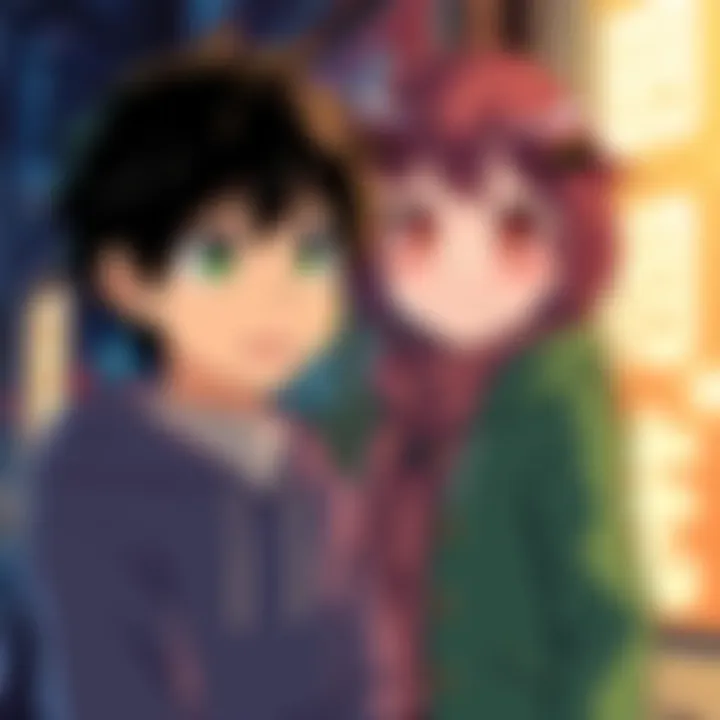 Deku with a surprised expression, standing next to Uraraka who smiles shyly, representing their relationship dynamics