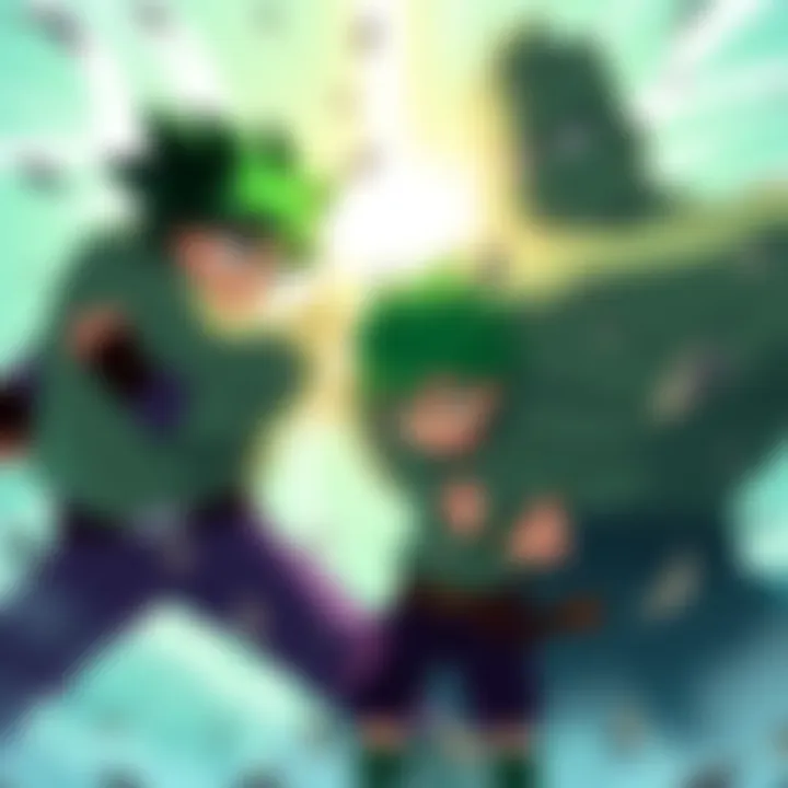 Deku, a young hero with green hair and a determined look, stands ready to fight against Wall West, a muscular figure with a wall-like build. The scene shows them facing off in an intense showdown.