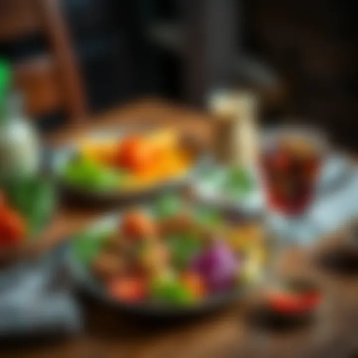 A beautifully presented plate of food with vibrant colors and fresh ingredients, accompanied by a warm drink, symbolizing joy and satisfaction from cooking
