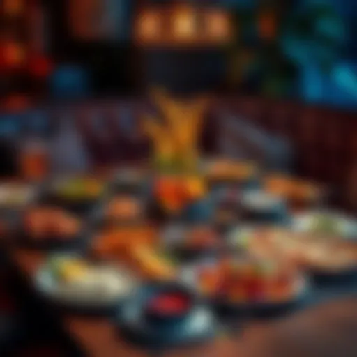 Delicious meal on a table A beautifully arranged dinner table featuring a variety of colorful dishes and drinks, showcasing an enjoyable dining experience.