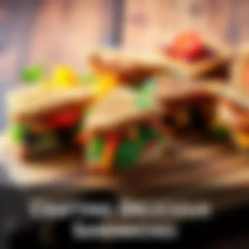 A variety of colorful and tasty sandwiches arranged on a wooden board, showcasing unique ingredients and presentations.