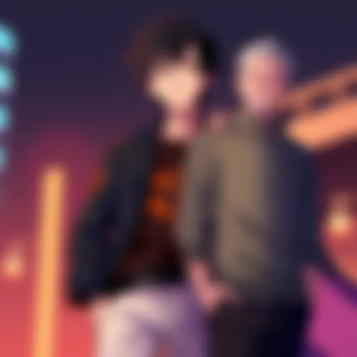 Delsin Shinomiya, a character with a Vampire quirk, stands confidently. He has a stylish design reflecting his heroic persona, with dark hair and a cool outfit. His expression is determined, and he is shown alongside Jiro, who is smiling and supportive.