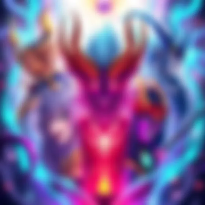 A colorful illustration of anime characters reimagined as demons, showcasing their unique features and attributes, surrounded by a mystical aura.