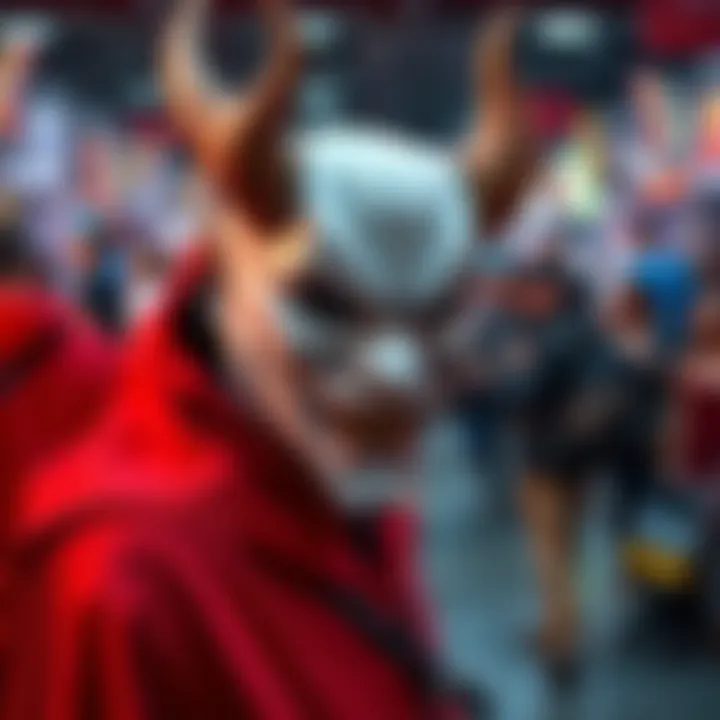 A character with a smooth white face, horns, black eyes, and a red robe seen at a comic con event