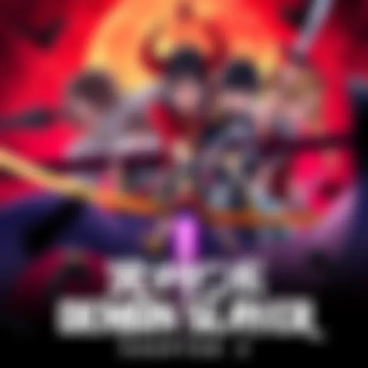 A vibrant poster showcasing key characters from Demon Slayer in an action-packed scene, hinting at the upcoming Chapter 2 of the Infinity Castle Arc, set for 2027 release.