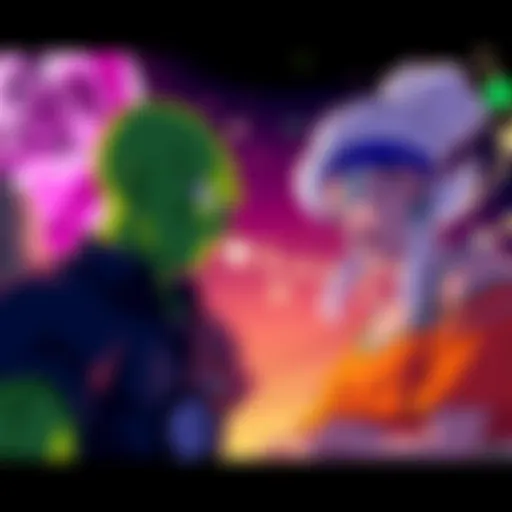 Dende looking confused while talking to Bulma about Namekian women, with a colorful Namek backdrop