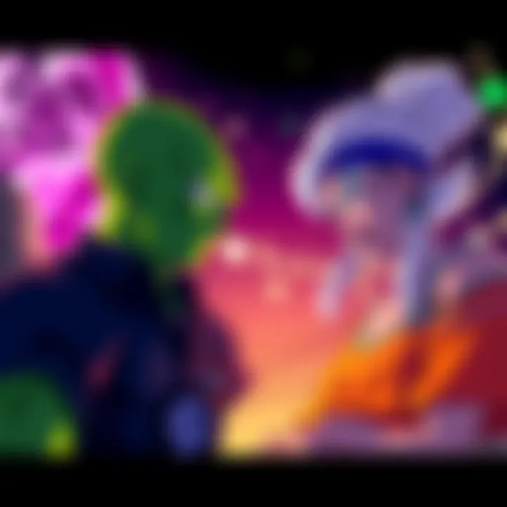 Dende looking confused while talking to Bulma about Namekian women, with a colorful Namek backdrop