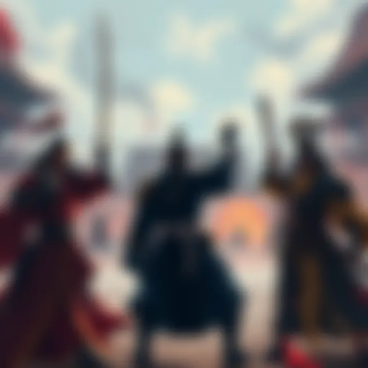 Denei, Denyu, and Tan preparing for a showdown against historical generals in a dynamic arena setting