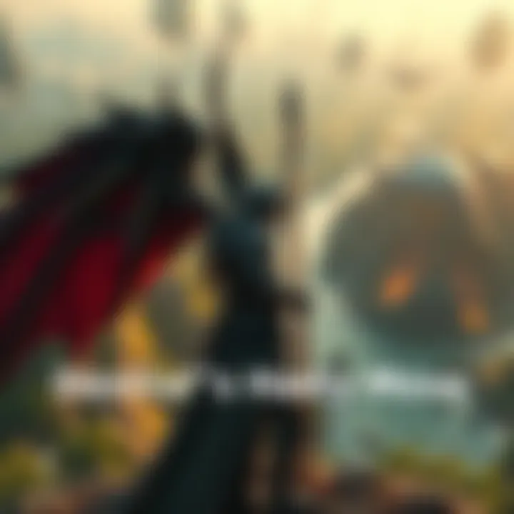 Denial stands confidently overlooking the Emerald Empire with a determined expression, surrounded by tropical scenery and hints of conflict in the background.