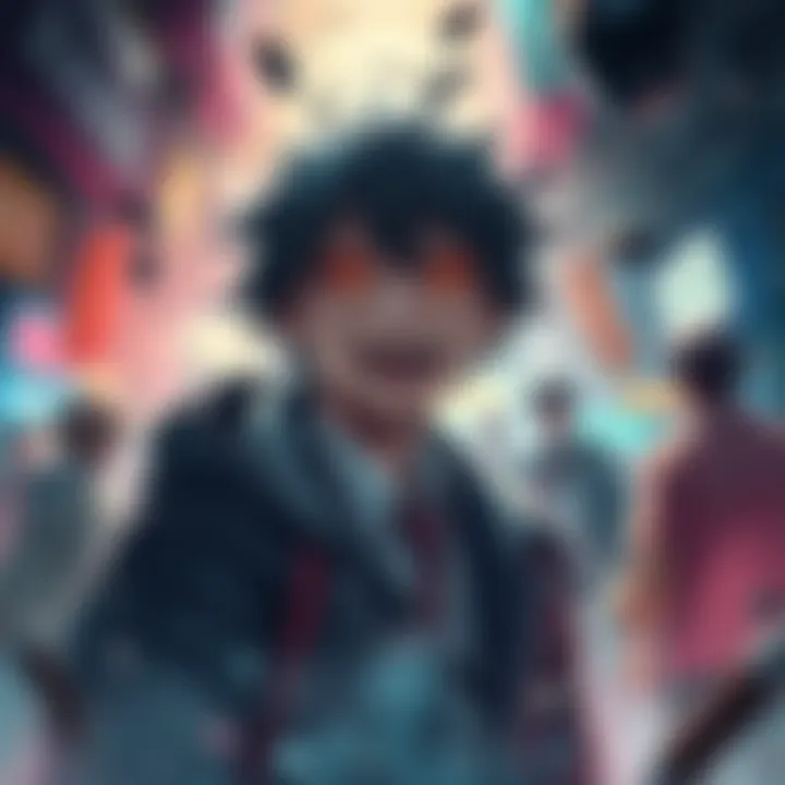 Denji finds joy in a chaotic setting, with a mix of dark and vibrant colors around him, showcasing his unique perspective on life.