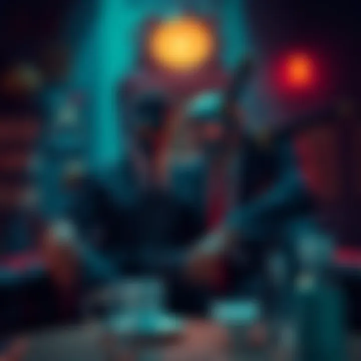 Denji and Katana Man in the Mafia Denji and Katana Man share a moment in a dimly lit room, surrounded by mafia symbols and a sense of camaraderie, showcasing their unusual friendship amidst crime.