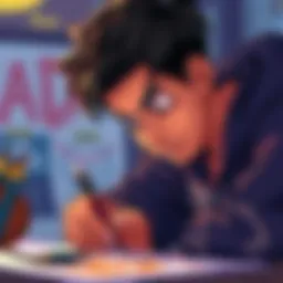 Denji working hard on a sketch, showing determination and creativity