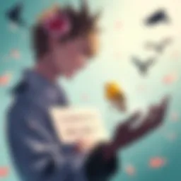 Denji with a bird Denji looking at a small bird while holding his blood request sign