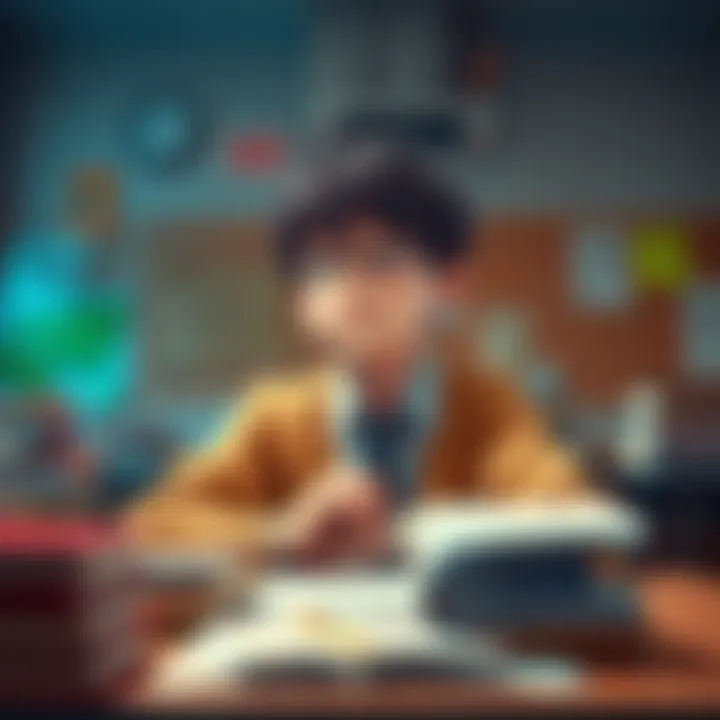 A student named Denji sitting at a desk surrounded by books and papers, looking thoughtful about his school grades.