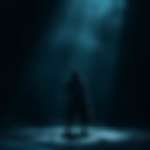 Denji stands alone in a shadowy environment, showing signs of struggle and determination as he faces an unseen threat.