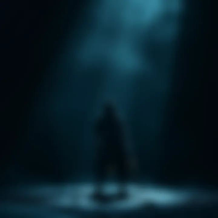 Denji stands alone in a shadowy environment, showing signs of struggle and determination as he faces an unseen threat.