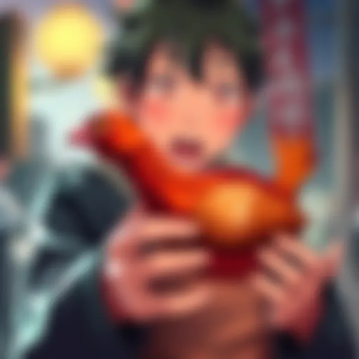 Denji holding a whole cooked bird, with a surprised expression
