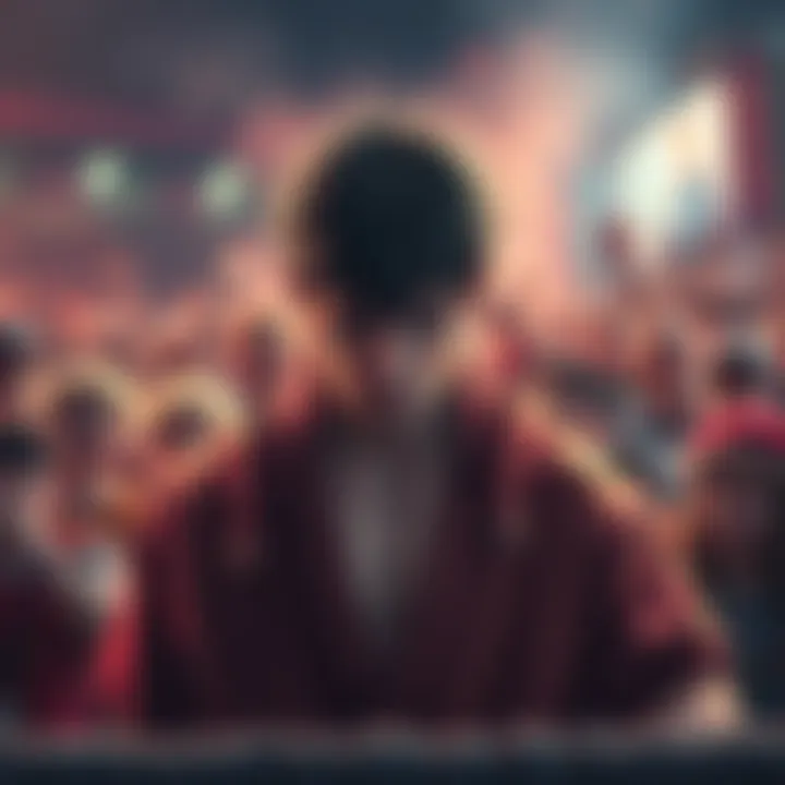 Denji looks distressed as he prepares for an intense fight, surrounded by cheering fans ready for the action.