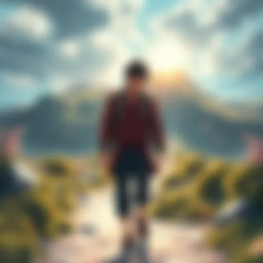 Denji walking on a path, facing various challenges with a determined look on his face, symbolizing his pursuit of happiness.