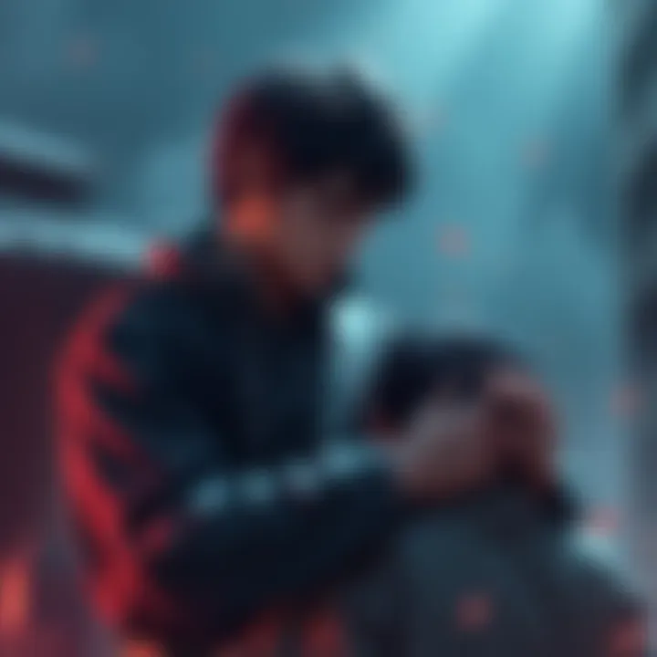 Denji standing with a determined expression as he helps another character recover from injury, symbolizing the connection between pain and healing.