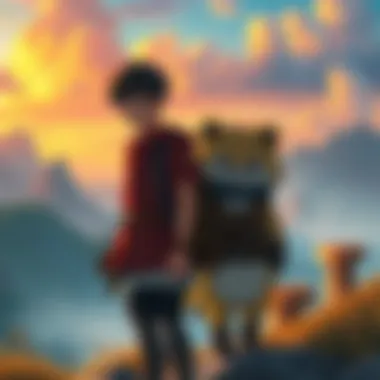 Denji stands confidently with Pochita by his side, both looking determined as they face a vibrant landscape, symbolizing Denji's path to self-discovery.