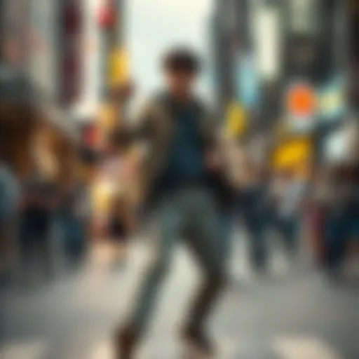 Denji standing confidently in a bustling street, causing a stir among onlookers with his daring stance