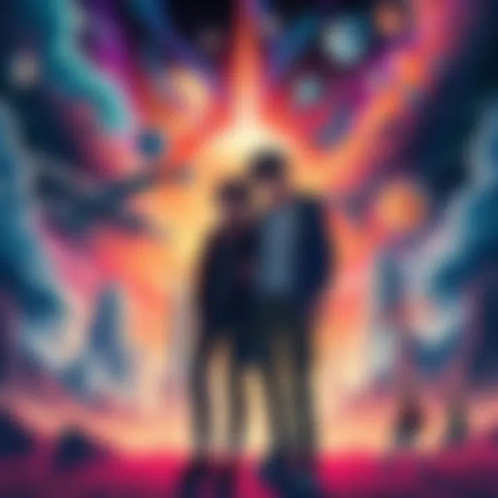 Denji and Reze standing together in a colorful alternate universe, with different backgrounds showing various possible worlds.