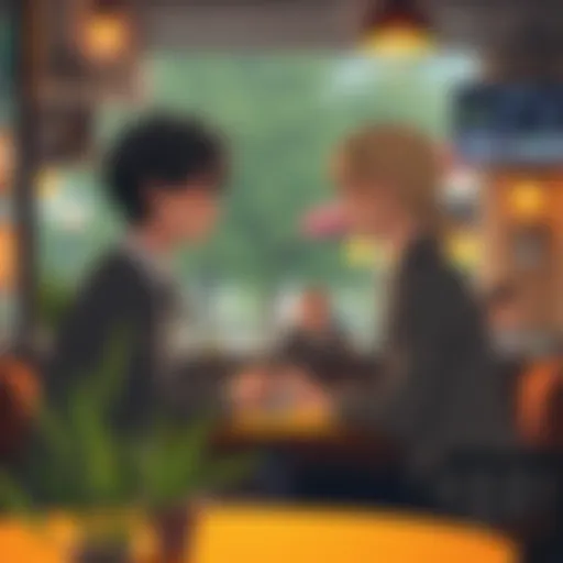 Denji and Reze sit across from each other in a cozy coffee shop, smiling as they share a moment, with coffee cups in front of them.