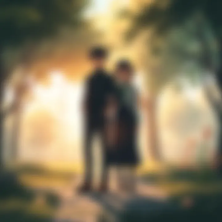 Denji and Reze stand together in a calm, sunny park, with trees and flowers around them, symbolizing a fresh start after chaos.