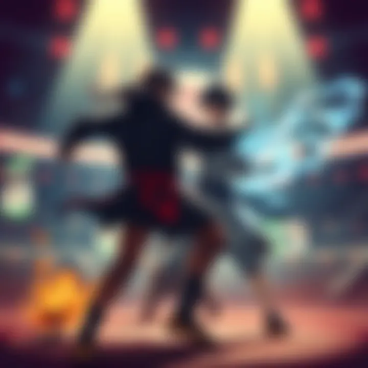 Denji and Yuji prepare to battle, showcasing their unique powers in a vibrant arena setting.
