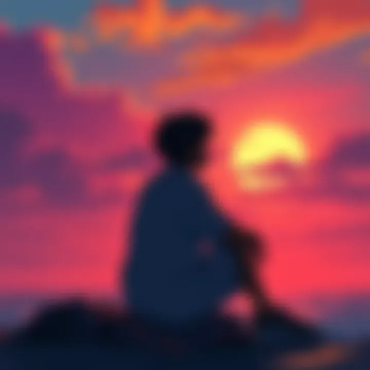 A character named Denjieze sitting pensively, looking towards a sunset, symbolizing hope and ambition