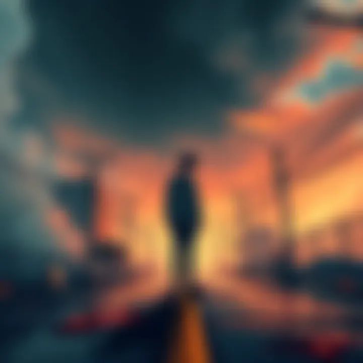 Denji stands at a crossroads, contemplating his choice between saving Pochita and living a normal life, with a dramatic background reflecting his turmoil.