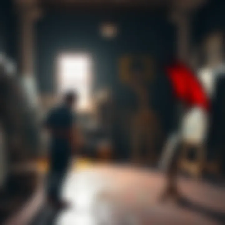 Dennis confronts a figure representing the Art Devil in a dramatic art studio setting, showcasing tension between them.