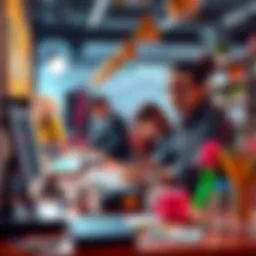 Creative team at Design Coco working on an innovative project with colorful designs and artistic tools.