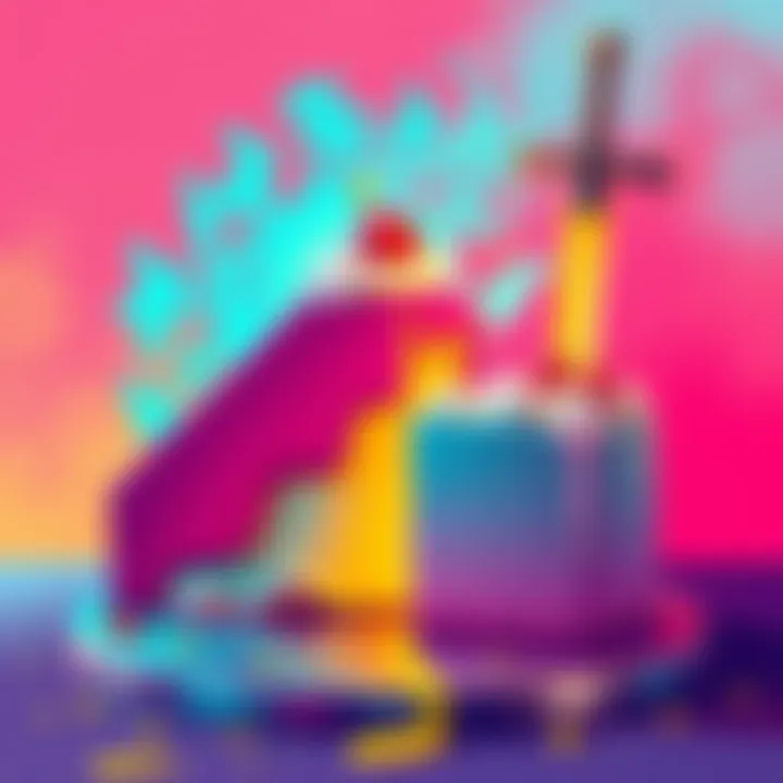 Dessert and sword symbolism A colorful illustration showing a cake representing 'granite blast' next to a sword symbolizing 'soul split katana' against a vibrant background.