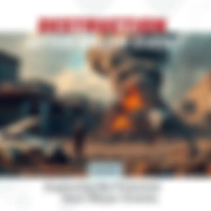 A chaotic scene showing the aftermath of a significant disaster with debris and people surveying the damage.