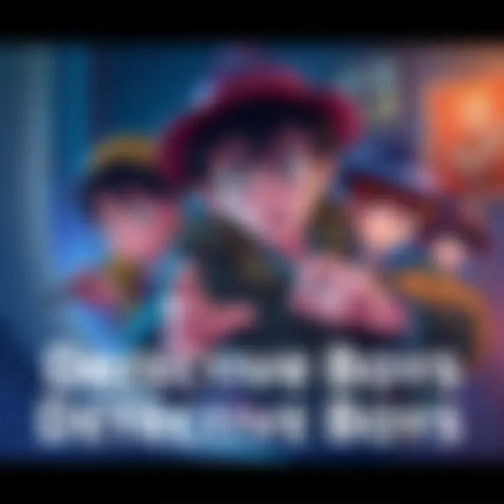 Detective Boys characters solving a case together with clues and suspenseful expressions