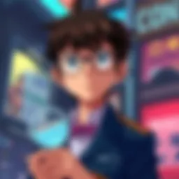 A young detective with glasses and a blue suit, looking thoughtful while holding a magnifying glass.