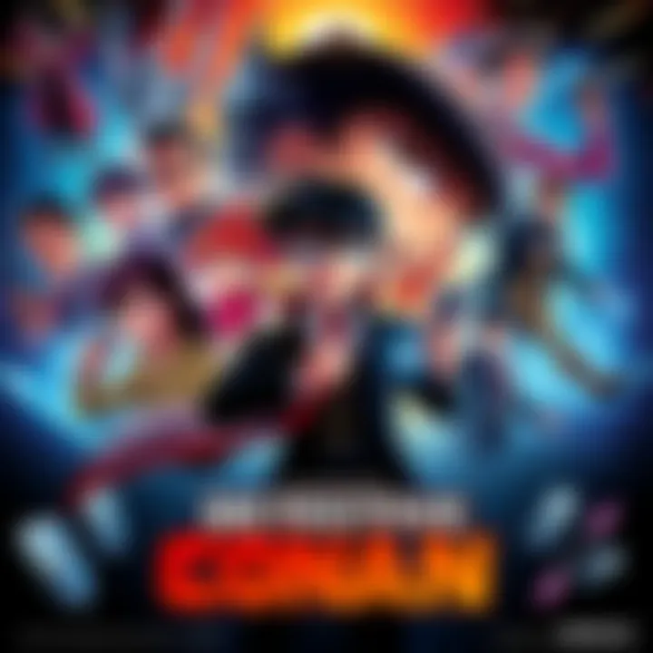 A colorful poster showcasing Detective Conan with key characters and elements related to the upcoming movie.