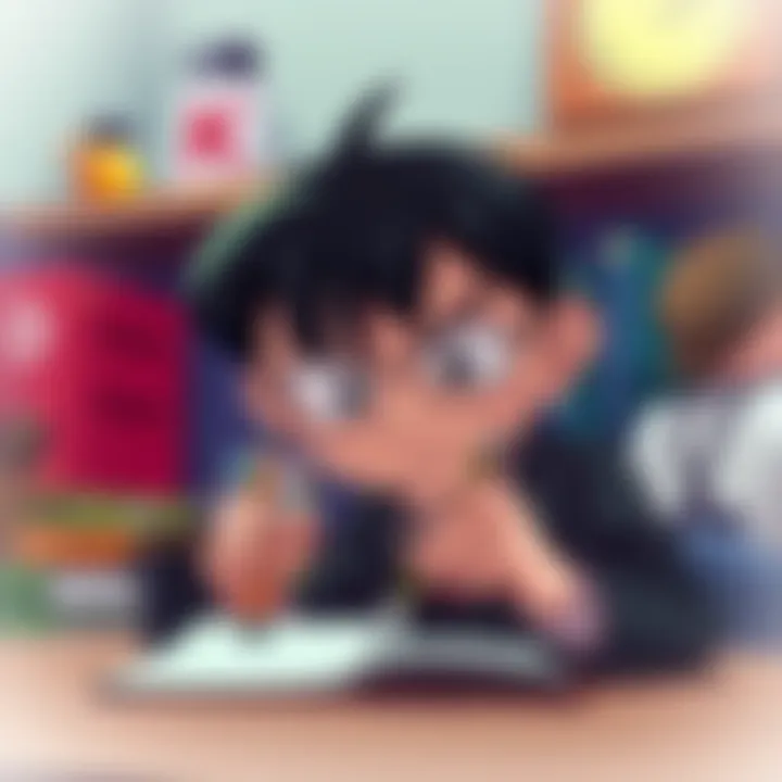A cartoon image of a frustrated Detective Conan with a pen and paper, showcasing writing challenges and restrictions.