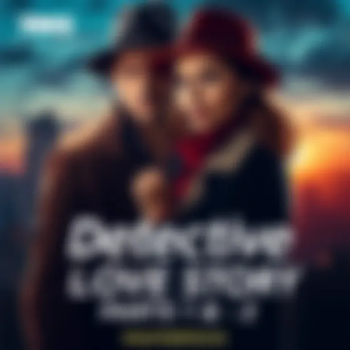 A couple in detective attire, with a romantic backdrop and city skyline, symbolizing love and intrigue, ready for a thrilling adventure.