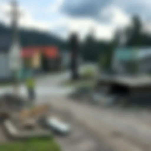 A view of a town heavily damaged by a recent disaster, showing debris and uprooted trees