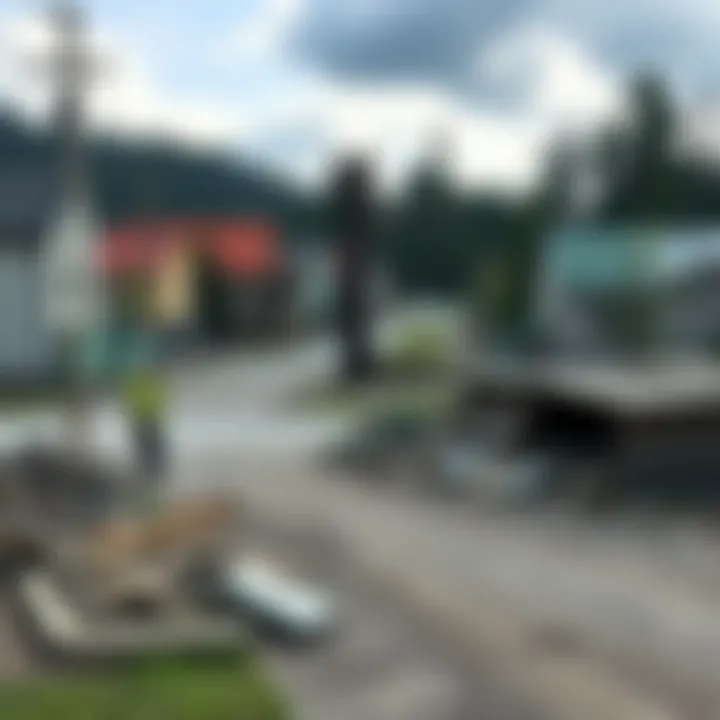 A view of a town heavily damaged by a recent disaster, showing debris and uprooted trees