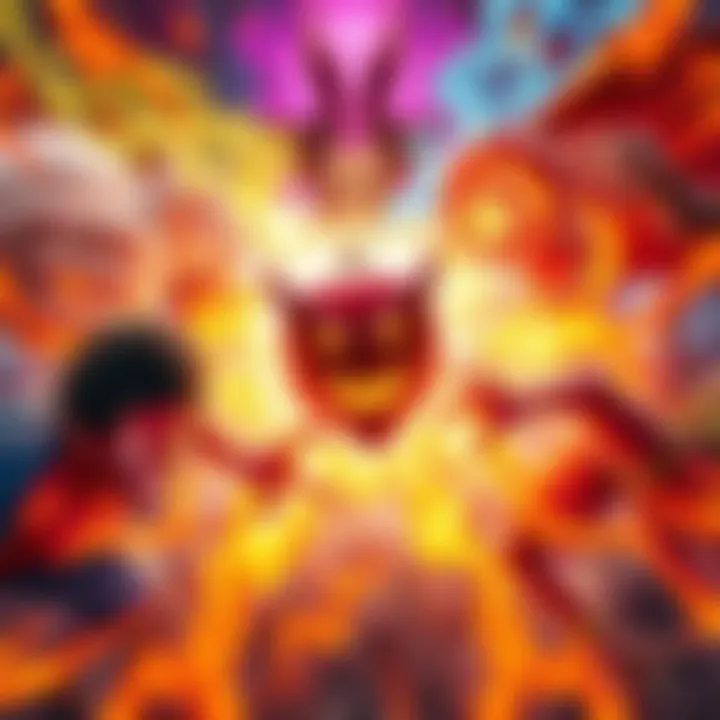 A vibrant scene depicting the fusion of Devil Fruits and Cursed Energy, showcasing powers clashing and merging in a dynamic battle