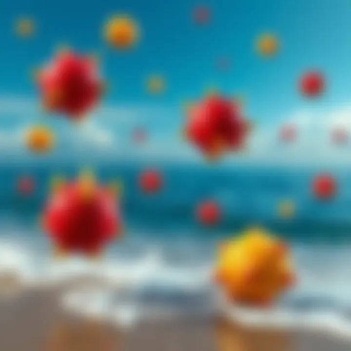 A colorful depiction of various devil fruits floating above a calm sea, with waves gently lapping at the shore.