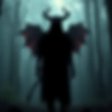 A shadowy figure representing a devil, looming in a misty forest, symbolizing human belief and imagination.