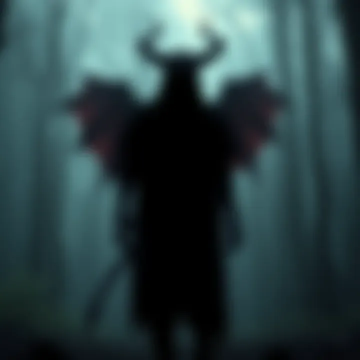 A shadowy figure representing a devil, looming in a misty forest, symbolizing human belief and imagination.