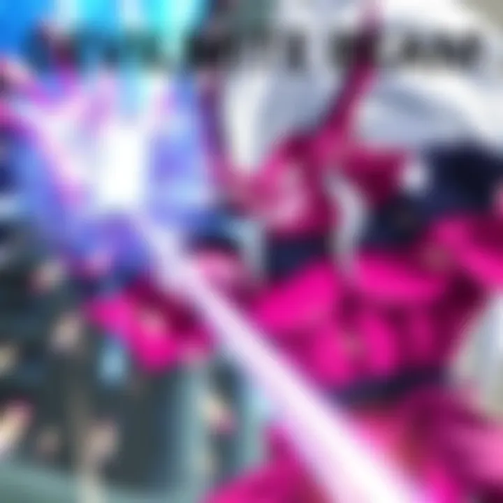 A powerful energy beam aimed at a fierce warrior with purple skin and white hair, representing Lord Beerus, in a dynamic battle scene.