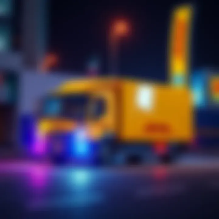 A DHL delivery truck carrying concert merchandise, ready for on-time delivery to fans before AZKi's concert.