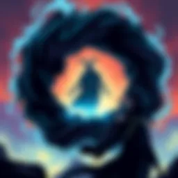 Diavolo in a time loop A shadowy figure of Diavolo trapped in a loop, surrounded by swirling dark energy, symbolizing his endless fate. Trish looks on with concern in the background.